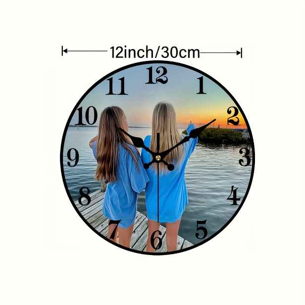 TEMU Přizpůsobitelné tiché dřevěné nástěnné hodiny - 12palcový kulatý moderní design, personalizace s vlastní fotografií, na baterie (AA baterie