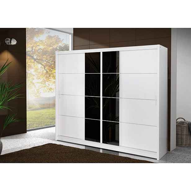 Šatní skříň s posuvnými dveřmi PORTO 250, bílá/černé sklo