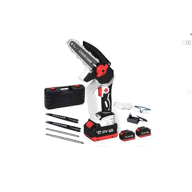 Mini řetězová pila 6 palců 2x Akumulátor 2x Vodící Lišta Kufr DJ-01 21V
