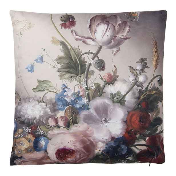 Šedivý polštář s motivem tulipánů a pivoněk s výplní - 45*45 cm Clayre & Eef