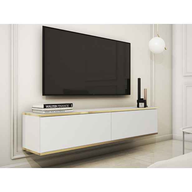 Závěsná TV skříňka Orfeo, 135 cm, bílá/zlatá