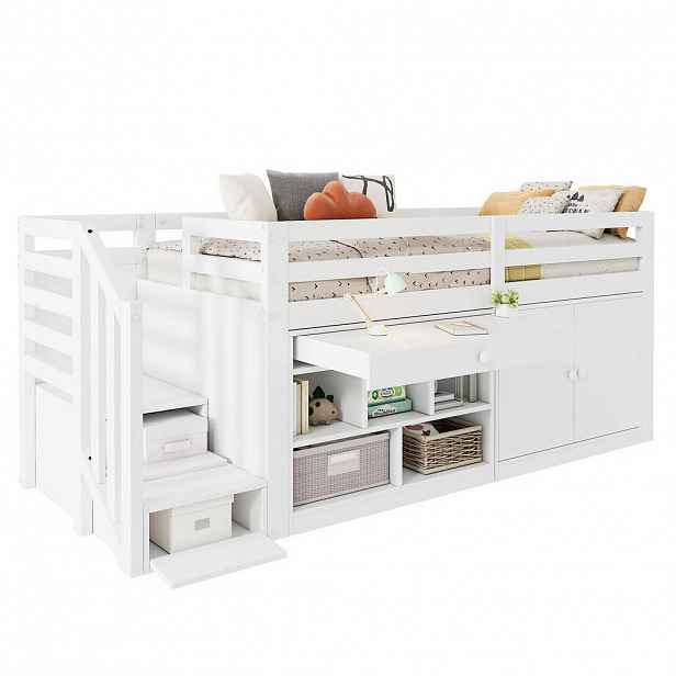OKWISH DĚTSKÁ postel 90/200 cm bílá z masivního dřeva s úložným prostorem, schody a psacím stolem