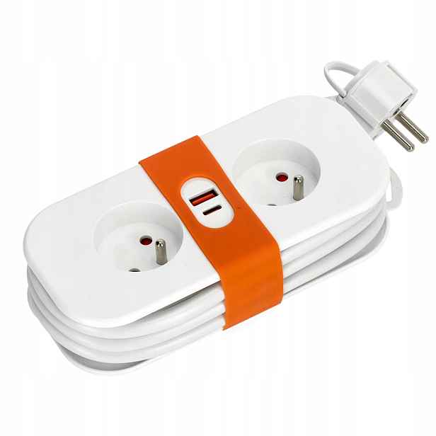 Prodlužovací Kabel s Plochou Zástrčkou 2 zásuvky 1,4 m bílý Lišta s uzemněním 2x Usb