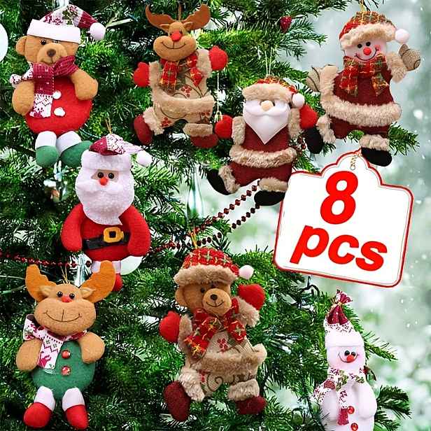 TEMU 8 ks ozdob na vánoční stromeček, plyšové dekorace na vánoční stromeček s Santa , sněhuláků, sobů a medvěda, včetně tancujícího starého muže,