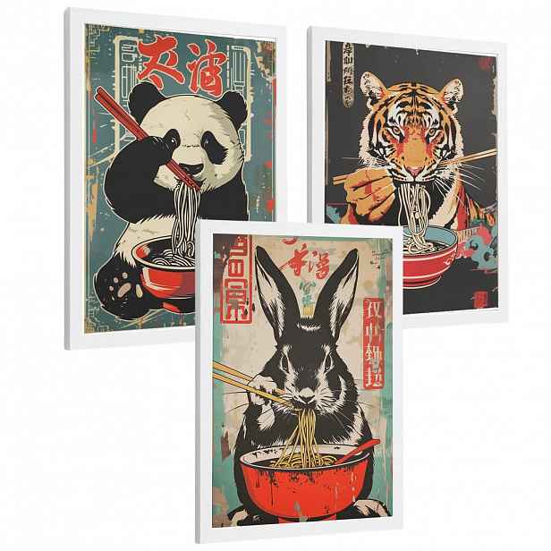 Nacnic PLAKAT Sada 3 Ramen Animals A4 Bílý rám