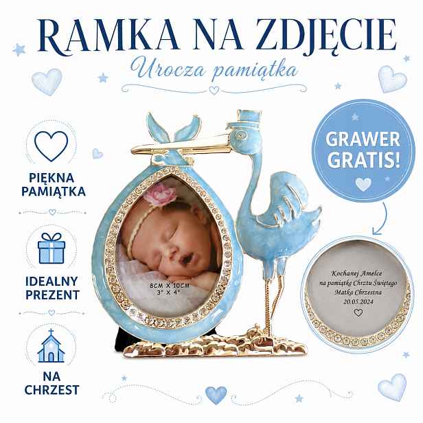Gravírování Bonus Rámeček modrý na fotografii kovový stříbrný Čáp chlapce