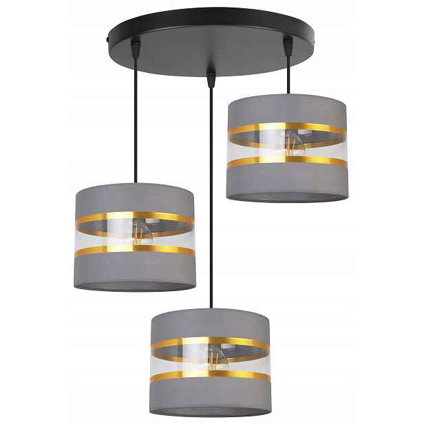 Závěsná Stropní Lampa Trojitý Lustr Glamour Zlaté Pruhy Stínidlo Šedé