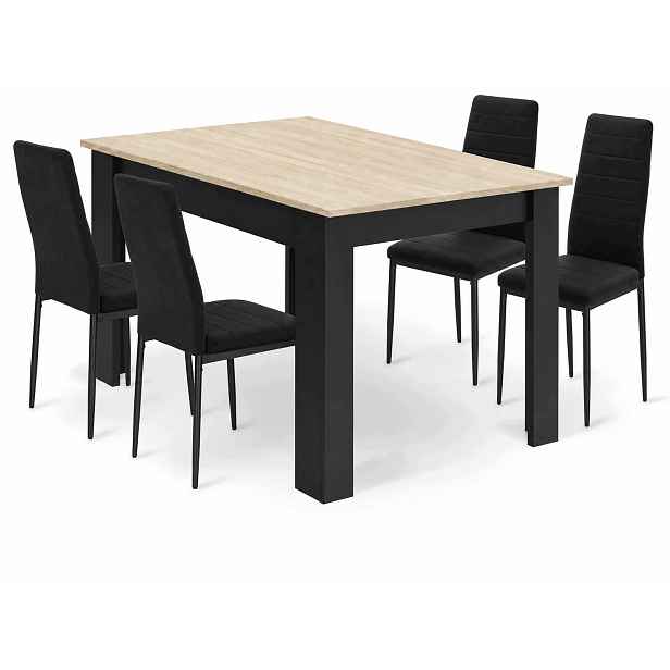 Jídelní stůl 120x80 cm, dekor dub sonoma s černými nohami 4 čalouněné židle Axell v černé barvě