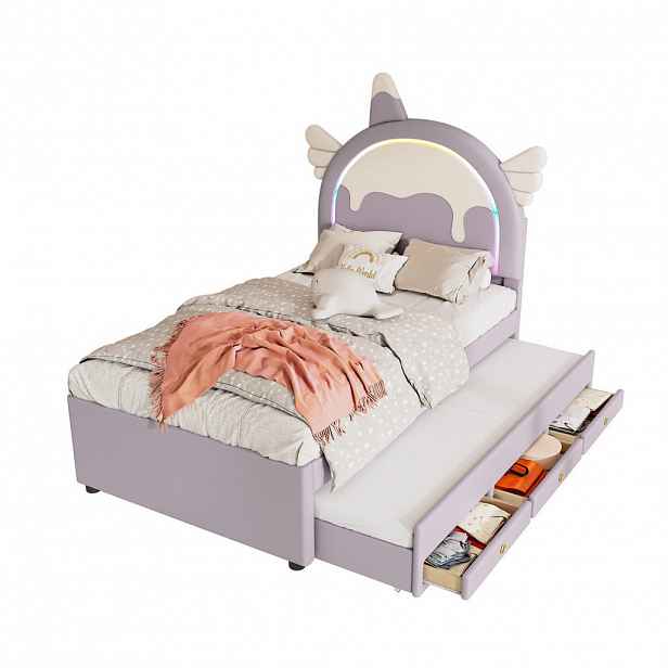 OKWISH DĚTSKÁ postel 90/200 cm fialová z PU a MDF s výsuvným přistýlkovým lůžkem