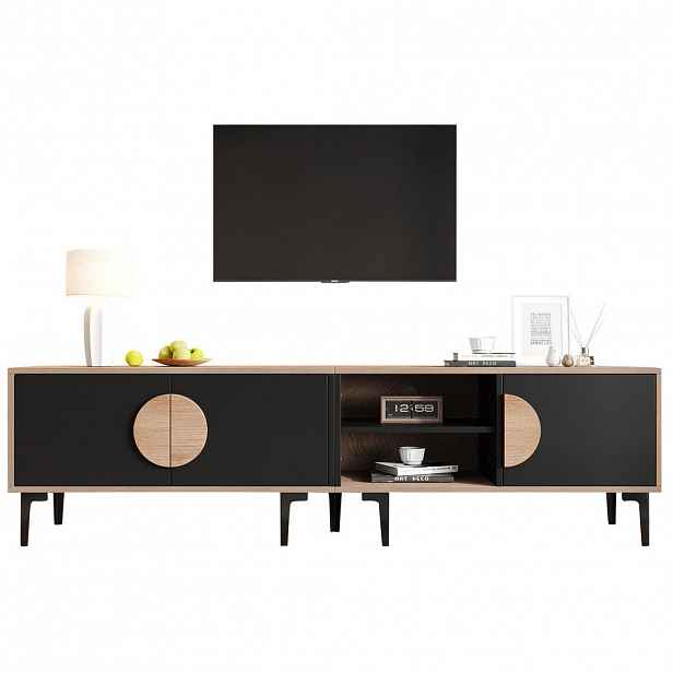 OKWISH TV stolek 180/35/49 cm v přírodní barvě a černé z dřevotřísky s úložným prostorem