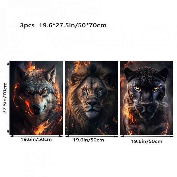 TEMU 2D plochý, 2D plochý, 3dílný triptych s plamenovým pozadím a portréty zvířat, dravý vlk, lev, leopard, tisk plakátů, vhodné pro domácí,