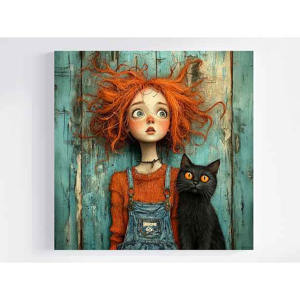 Obraz Na Plátně Canvas Rudá Holčička Černá Kočka Přátelství Portrét 50x50