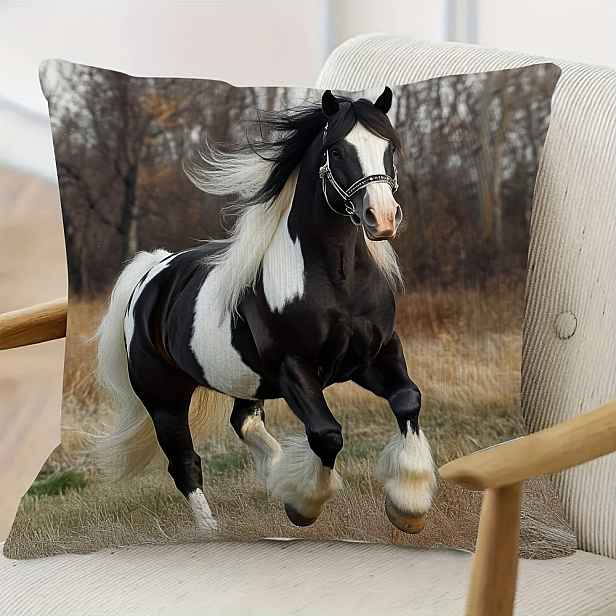 TEMU 1 kus elegantní dekorace na polštář s koně - 100% polyester, strojově praný, uzávěr na zip, živý monochromatický moderní a rustikální styly