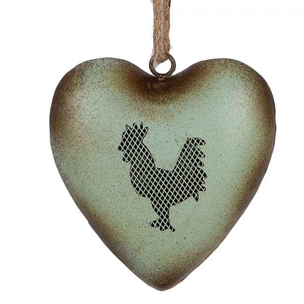 Zelené antik kovové srdce s kohoutem Rooster - 14*5*14 cm Clayre & Eef