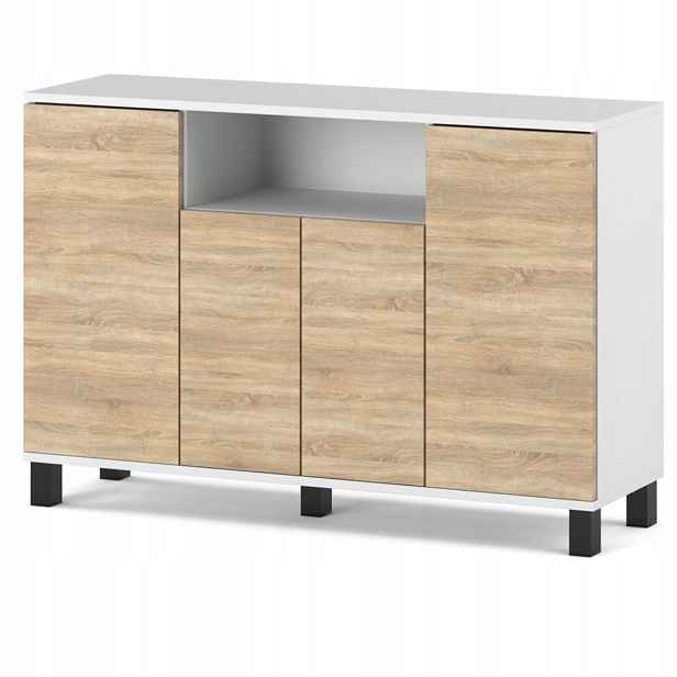Komoda Bílá Dub Sonoma 120 CM 4 Dvířka Moderní Skříňka Do Obývacího Pokoje Ložnice