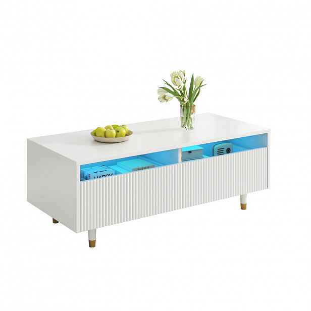 Modfu KONFERENČNÍ stolek z MDF 110x50x40 cm bílý se 2 zásuvkami a LED osvětlením, vlnitý design