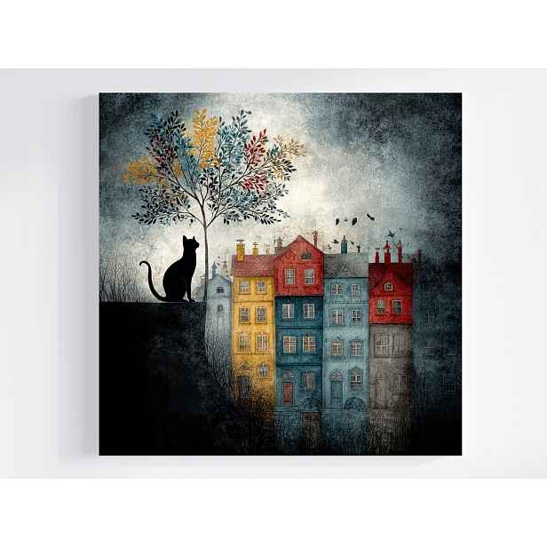 Obraz Na Plátně Canvas Grafika Město Kamínky Dřevo Kočka 50x50