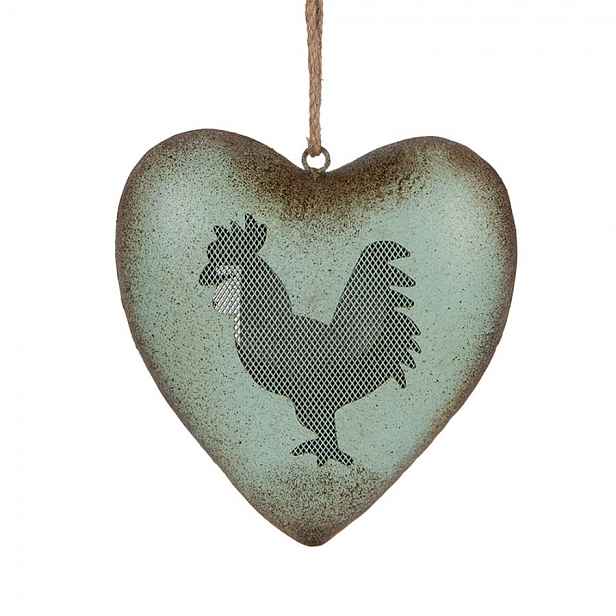 Zelené antik kovové srdce s kohoutem Rooster - 23*7*23 cm Clayre & Eef