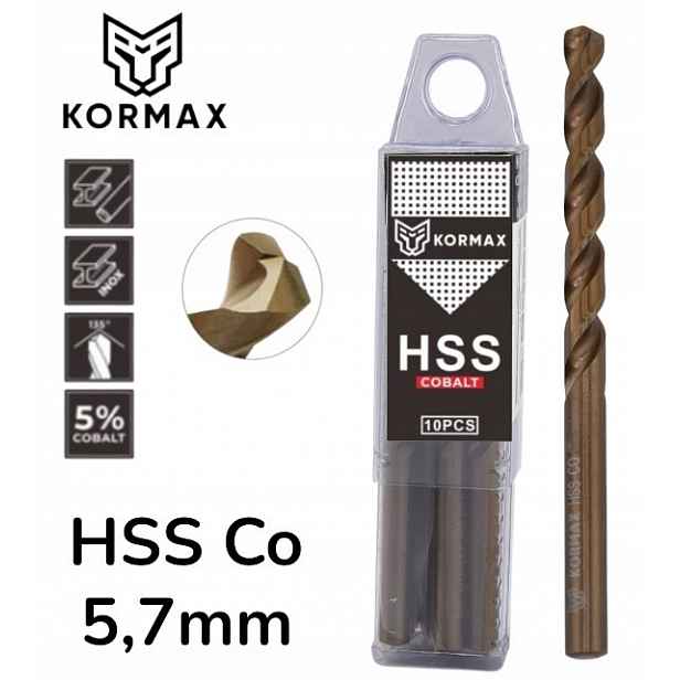 Vrták do kovu 5,7 mm Hss Co5 kobaltový op 10 ks DIN338 Kormax