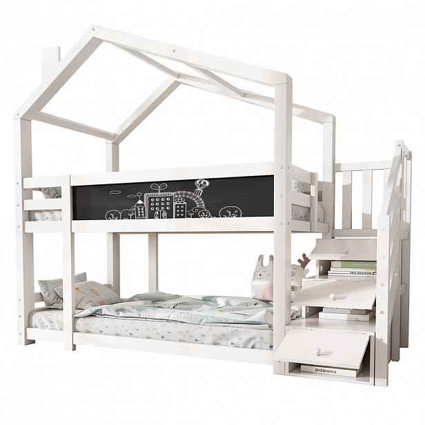 OKWISH PATROVÁ postel 90/200 cm bílá z masivní borovice a MDF s úložným schodištěm a tabulí