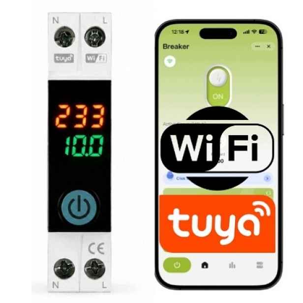 Relé WiFi regulátor Tuya 40A Din s nadproudovou ochranou