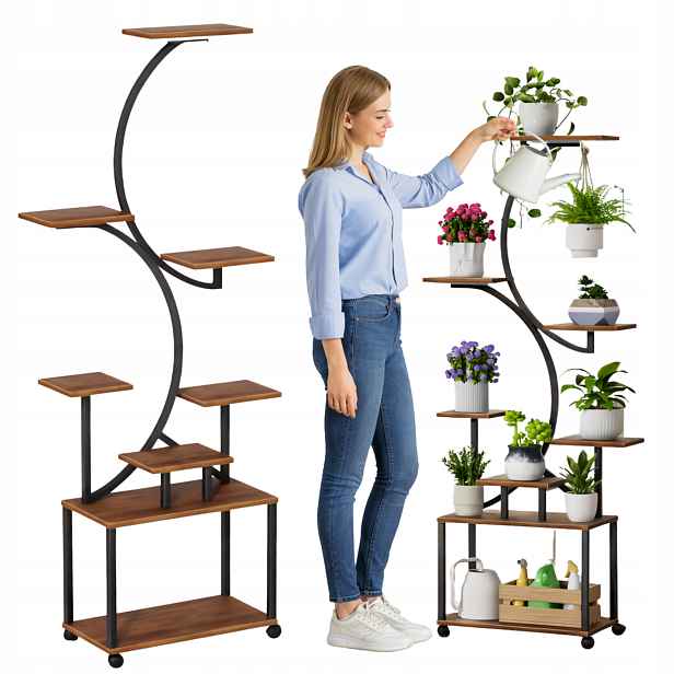 Květináč Na Květiny Kovový Stojan Na Kolečkách Loft Rostliny Černý 160 cm