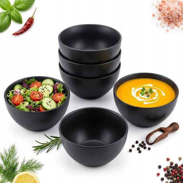 Sada Keramických Misek Na Polévku A Saláty 6 Ks 500 ML Černá Matná