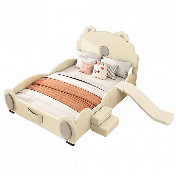 OKWISH DĚTSKÁ postel 140/200 cm béžová z PU a MDF s medvědím motivem, skluzavkou a žebříkem