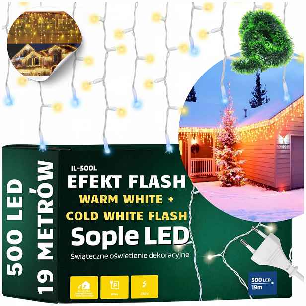 Závěs 500 Led Rampouchy Bílé Teplé Venkovní Osvětlení Flash Osvětlení 19 M