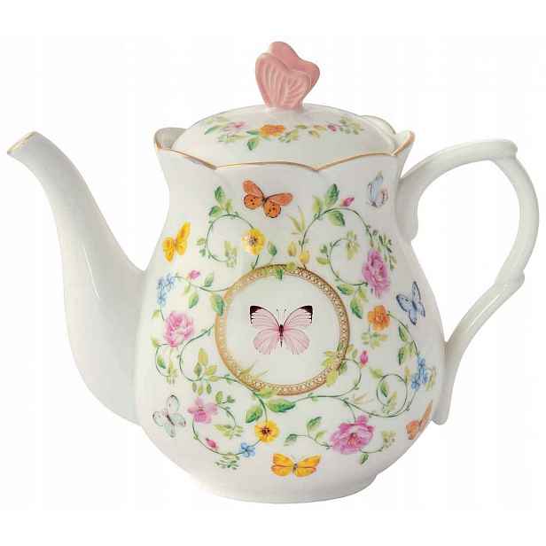 Porcelánová konvice na čaj 900 ml s motivem květin a motýlů ve vintage stylu