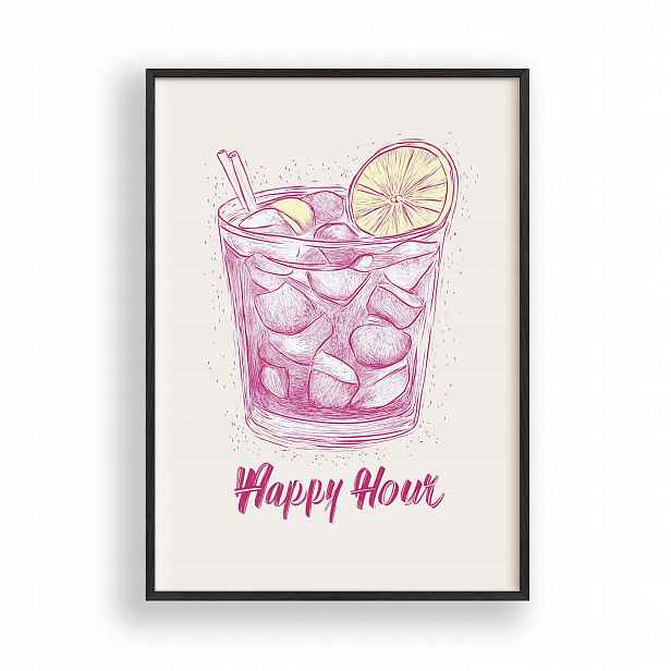 Obraz Happy Hour Drink Plakát Kuchyňský Rámeček Dřevěný Černý 30x42 cm