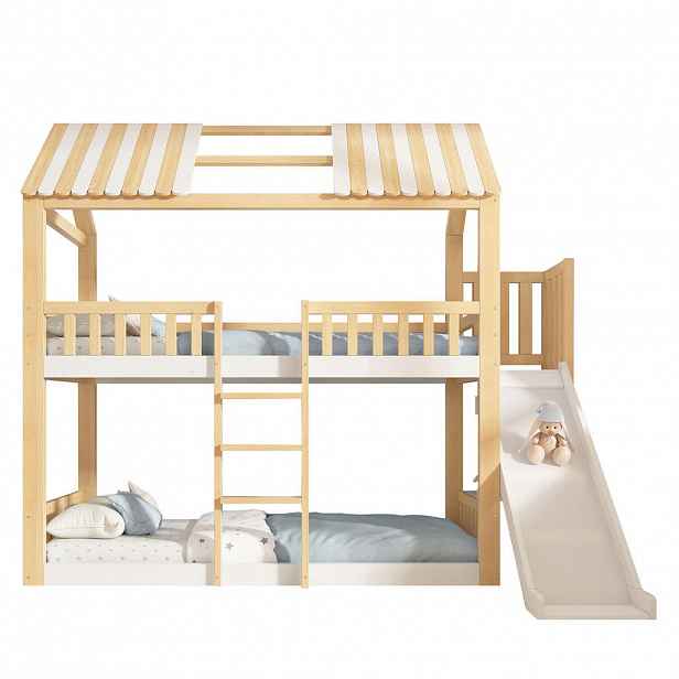 OKWISH PATROVÁ postel 90/200 cm bílá a přírodní z borovice s regálem a skluzavkou