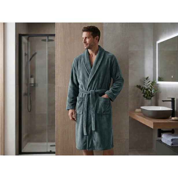 Pánský mikroplyšový župan VELVET TOUCH, šedozelený