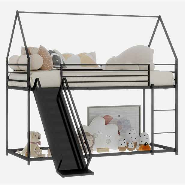 OKWISH PATROVÁ postel 90/190 cm černá z železa se skluzavkou a domkem