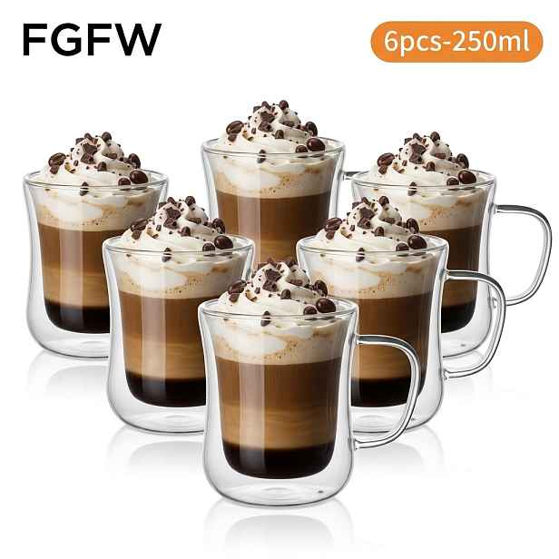 TEMU Sada 6 sklenic na Latte s dvojitými stěnami, borosilikátové sklo, s rukojetí, vhodné jako hrnky na kávu, čajové šálky, sklenice na cappuccino s