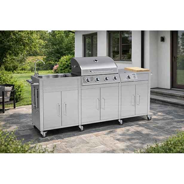 Nerezová zahradní BBQ kuchyně s umyvadlem BestBerg BBBQ-29SS / 5 hořáků / 17,2 kW / stříbrná