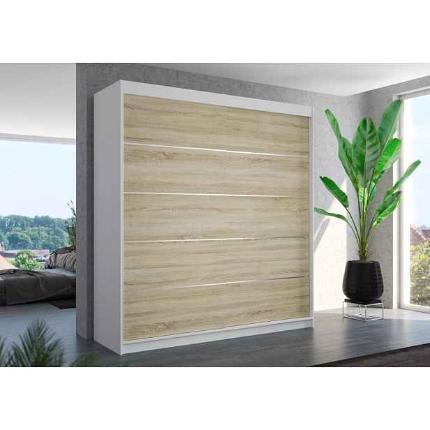 Šatní skříň s posuvnými dveřmi 200 cm HARLIA - bílá / dub sonoma