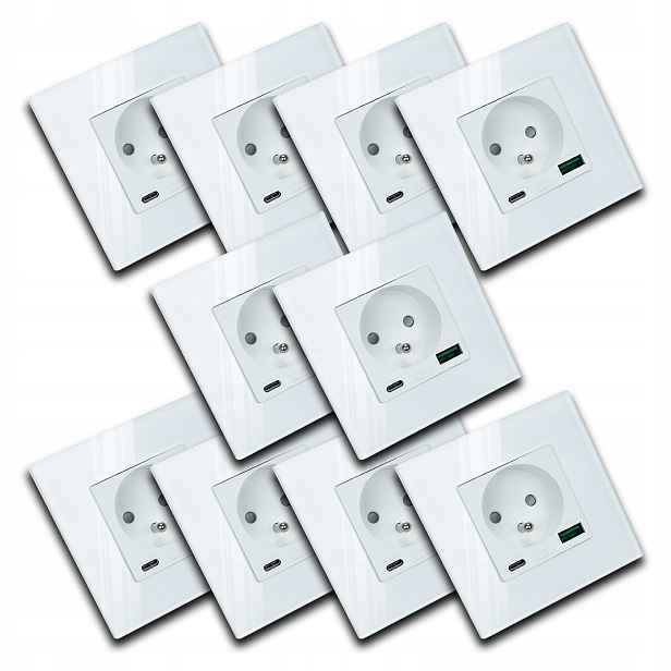 10x Skleněná Bílá Elektrická Zásuvka Nástěnný Kontakt Usb Nabíječka