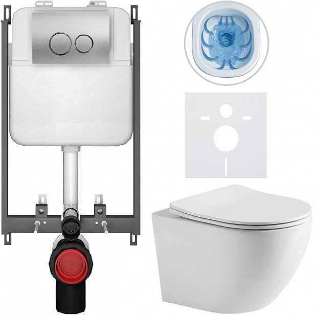 Kompletní WC set Basic/Cesso - bílá lesklá - WC tlačítko Dualo/Stříbrná - pro zazdění - 49x36 cm - 8050BD85936