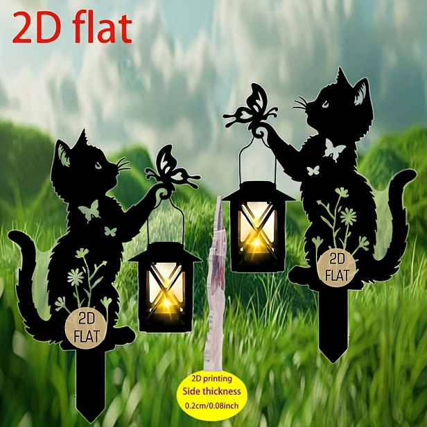 TEMU 2D Plochý, [2D Plochý] 2D Plochý 2ks Sada Akrylátová Kočičí Zahradní Dekorace Vložka, Vintage Fantazie Kočičí Hrající si s Motýlem Silueta - Bez
