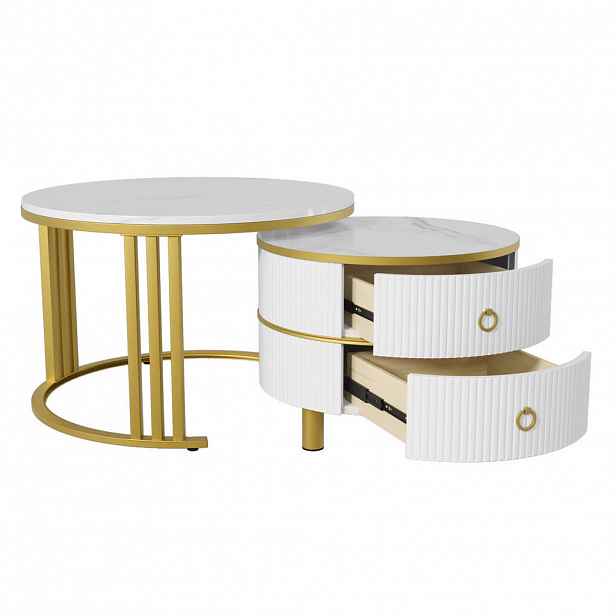Modfu KONFERENČNÍ stolek z MDF 70x70x46 cm bílý se 2 zásuvkami, lesklou deskou a mramorovým dekorem