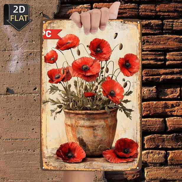 TEMU 2D Plochá, 2D Plochá 1 ks, "Sytě Červené Máky v Rustikálním Květináči", kovová plechová cedule, velikost (8"x12"/20cm*30cm) Dekorativní