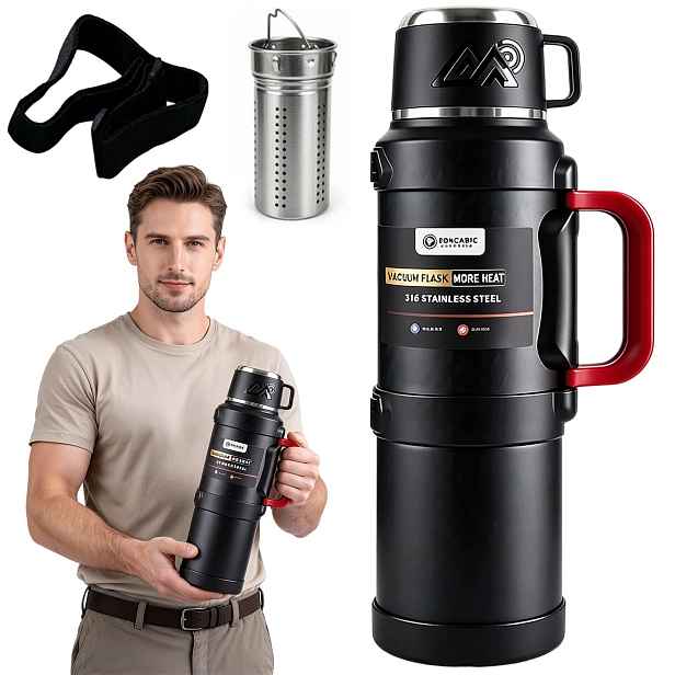 Láhev Na Pití 2,5 l Termoska z oceli se sítkem na čaj černá s proužkem