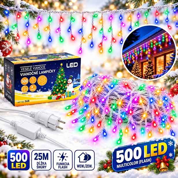 Lampičky rampouchy venkovní 500 Led 25 m multicolor Flash kombinované IP44