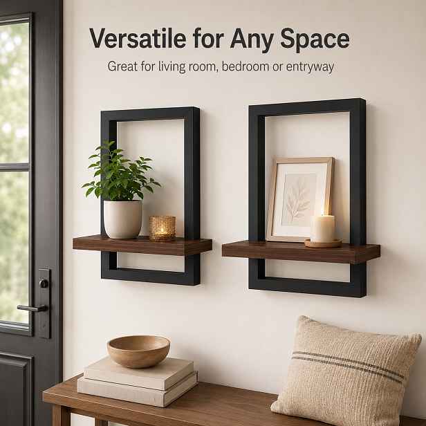 TEMU 2ks Černý Rám + Prodloužená Odolná Nehořlavá Deska Plovoucí Nástěnná Police, Plovoucí Věšák na Umění, Vnitřní Závěsný Rám na Rostliny ve Stylu