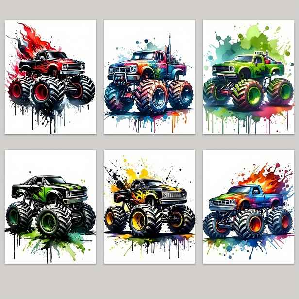 TEMU Bez rámu 6ks plakátů Monster Truck, Tisky Monster Truck, Nástěnné umění, Dekorace do pokoje, Dárek k narozeninám 8 x 10 palců, Halloweenská a