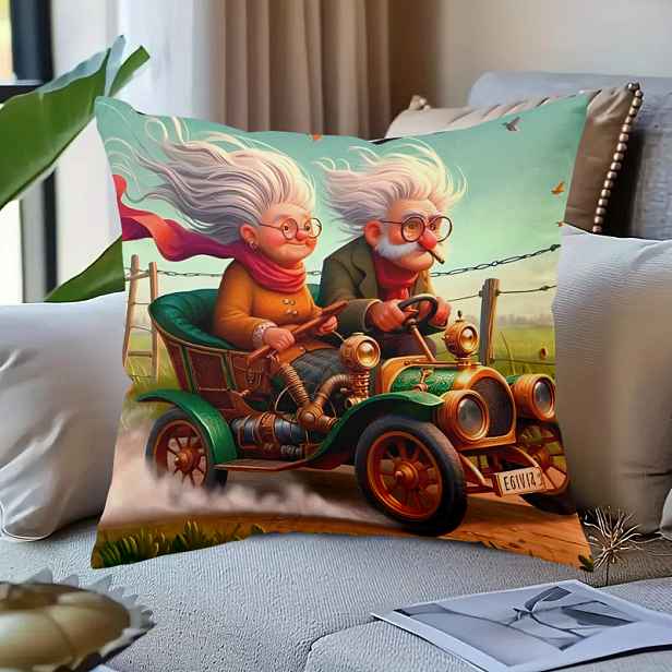 TEMU 1ks Dědečků a Babiček Veselý Design Automobilu - Měkký Polyester, Zip, Strojové Praní - Ideální pro Postel, Pohovku a Volné Židle - Dvoustranný