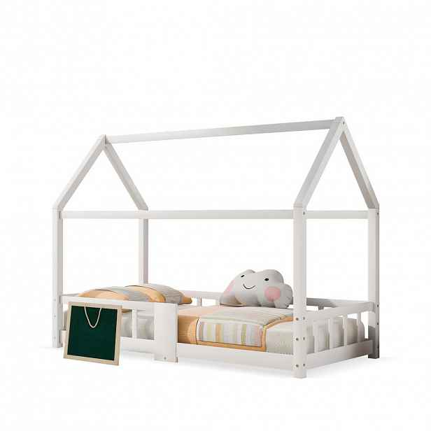 OKWISH DĚTSKÁ postel domeček 90/200 cm bílá z masivní borovice s tabulí a zábranou