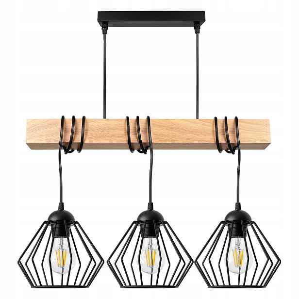 Závěsná stropní Led lampa Převis Dřevěný nosník Loft Drátěná Černá 3xE27
