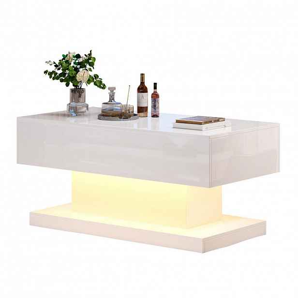 Modfu KONFERENČNÍ stolek z dřevotřísky 100x50x45 cm bílý s LED osvětlením, hydraulickým zdvihem a úložným prostorem